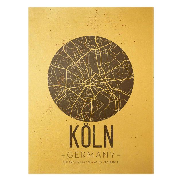 Leinwandbild Gold - Stadtplan Köln - Retro - Hochformat 3:4