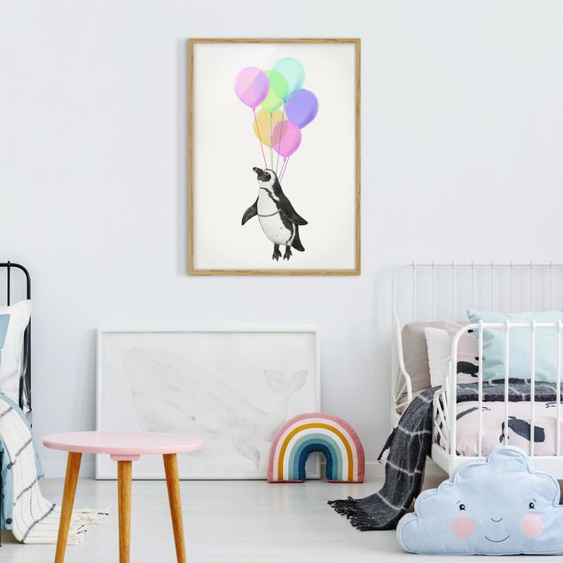 Wandbilder Illustration Pinguin Pastell Luftballons