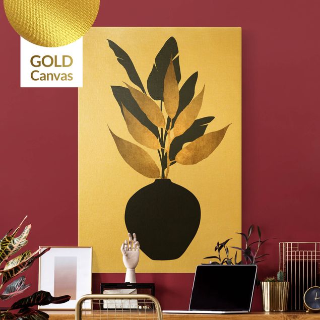 Leinwand Bilder XXL Grafische Pflanzenwelt - Gold und Schwarz
