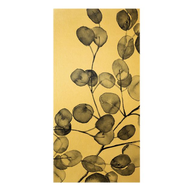 Leinwandbild Gold - Schwarz Weiß Aquarell Eukalyptuszweig - Hochformat 1:2