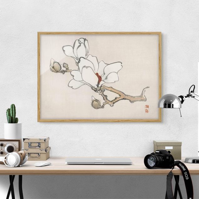 Gerahmte Bilder Blumen Asiatische Vintage Zeichnung Weiße Magnolie