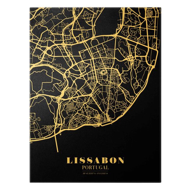 Leinwandbild Gold - Stadtplan Lissabon - Klassik Schwarz - Hochformat 3:4