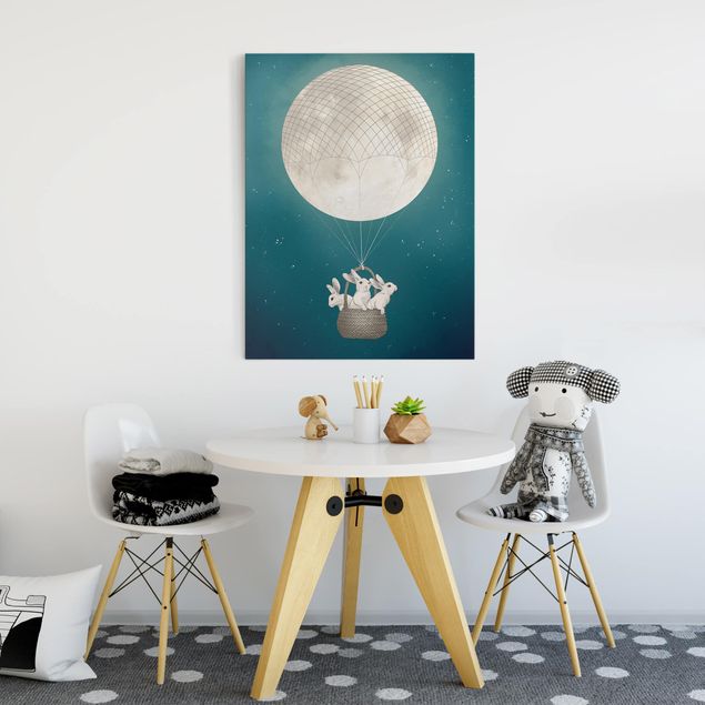 Wandbilder Tiere Illustration Hasen Mond-Heißluftballon Sternenhimmel