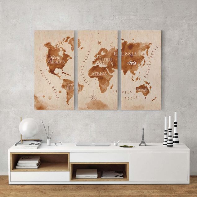 Wandbilder Wohnzimmer modern Weltkarte Aquarell beige braun