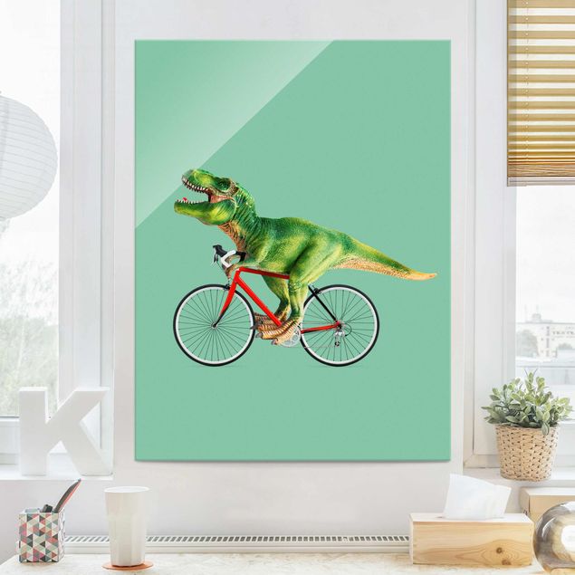 Glasbild - Jonas Loose - Dinosaurier mit Fahrrad - Hochformat 4:3