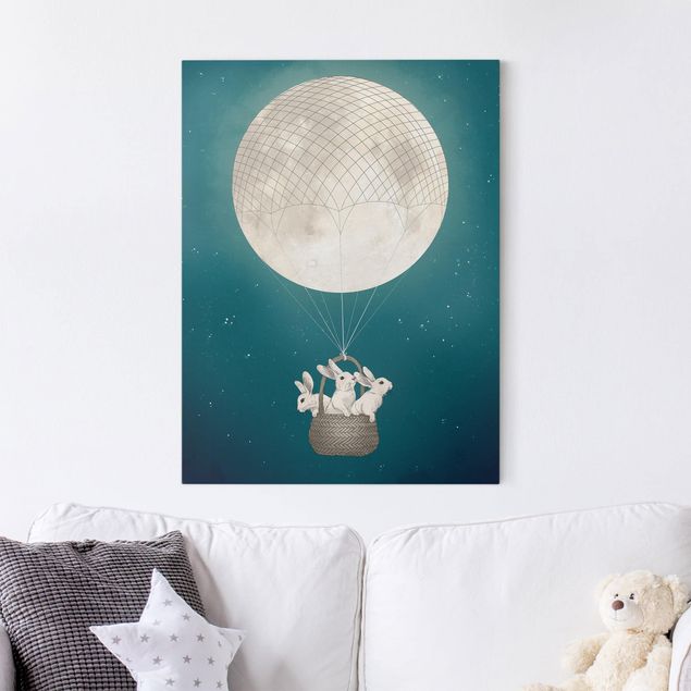 Schöne Leinwandbilder Illustration Hasen Mond-Heißluftballon Sternenhimmel