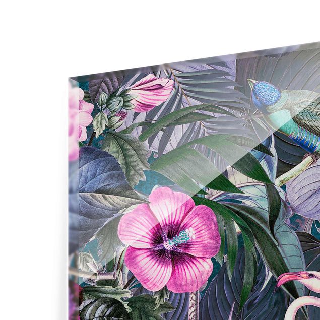 Glasbild - Bunte Collage - Pinke Flamingos im Dschungel - Hochformat 4:3