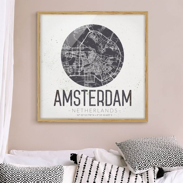 Bilder mit Rahmen Schwarz-Weiß Stadtplan Amsterdam - Retro