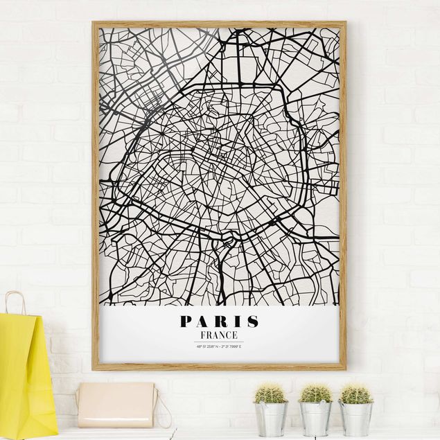 Gerahmte Bilder Schwarz-Weiß Stadtplan Paris - Klassik