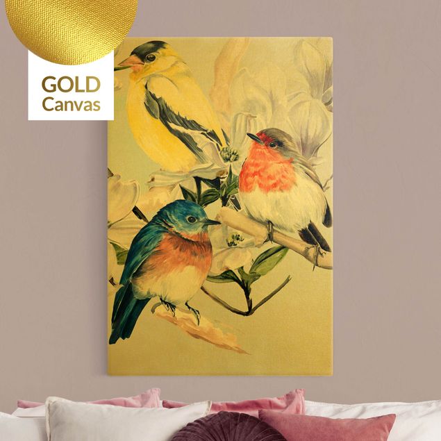 Leinwandbild Gold - Bunte Vögel auf einem Magnolienast II - Hochformat 2:3