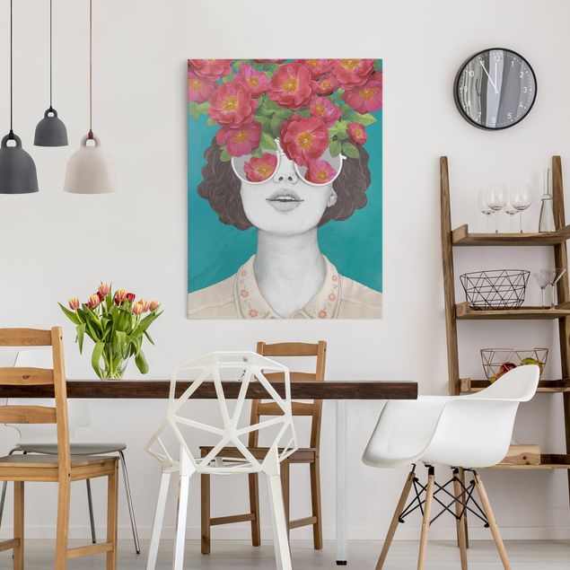 Leinwand Bilder XXL Illustration Portrait Frau Collage mit Blumen Brille