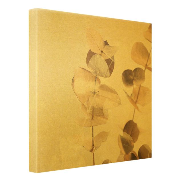 Leinwandbild Gold - Goldene Eukalyptuszweige mit Weiß II - Quadrat 1:1