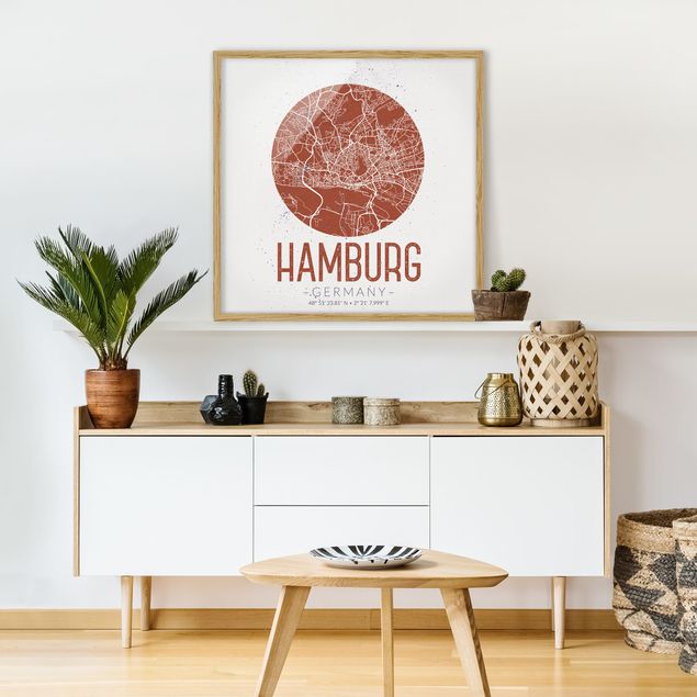 Weltkarten gerahmt Stadtplan Hamburg - Retro