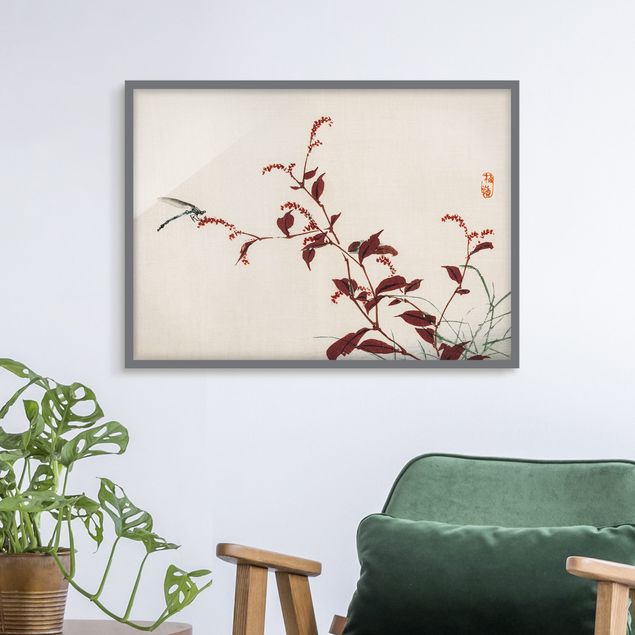Wandbilder Tiere Asiatische Vintage Zeichnung Roter Zweig mit Libelle