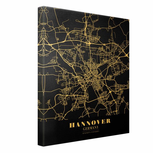 Leinwandbild Gold - Stadtplan Hannover - Klassik Schwarz - Hochformat 3:4