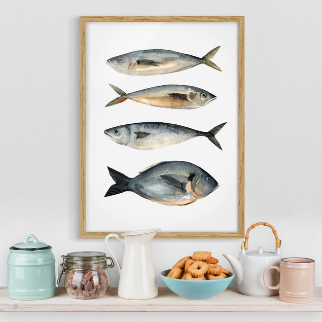 Gerahmte Kunstdrucke Vier Fische in Aquarell I
