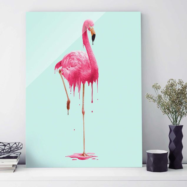 Glasbild - Jonas Loose - Schmelzender Flamingo - Hochformat 4:3