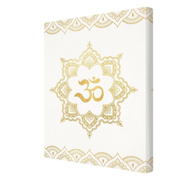 Leinwandbild - Mandala OM Illustration Ornament weiß gold - Hochformat 4:3