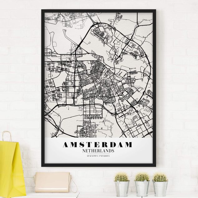 Schwarz-Weiß Bilder mit Rahmen Stadtplan Amsterdam - Klassik