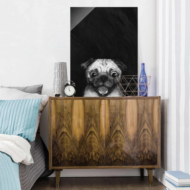 Wandbilder Glas XXL Illustration Hund Mops Malerei auf Schwarz Weiß