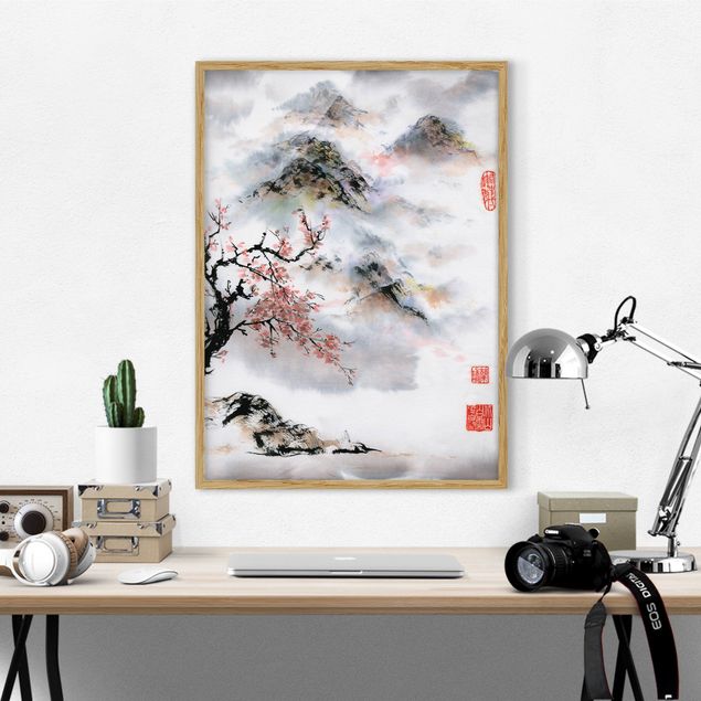 Blumen Bilder mit Rahmen Japanische Aquarell Zeichnung Kirschbaum und Berge