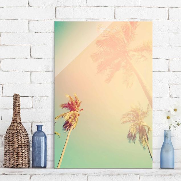 Wandbilder Glas XXL Tropische Pflanzen Palmen bei Sonnenuntergang III