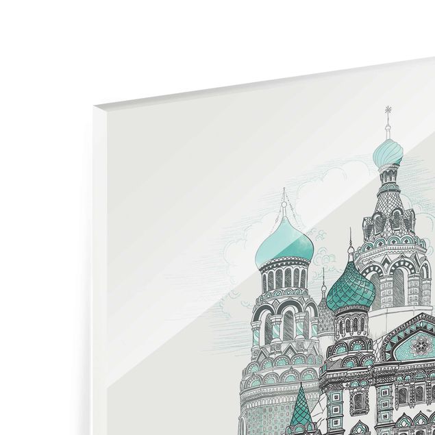 Glas Wandbilder Illustration Kirche mit Kuppeln und Wal