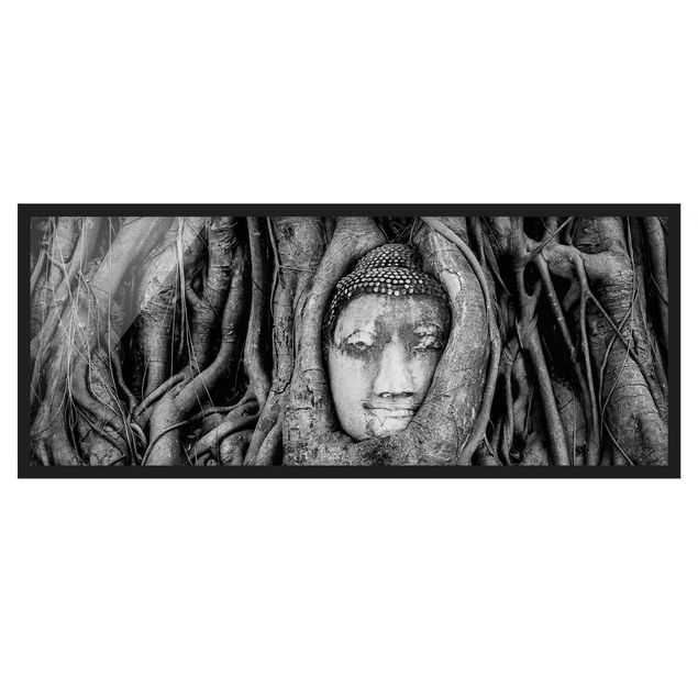 Bilder mit Rahmen Buddha in Ayutthaya von Baumwurzeln gesäumt in Schwarzweiß