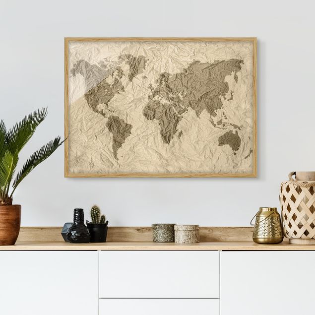 Weltkarte mit Bilderrahmen Papier Weltkarte Beige Braun