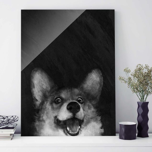 Glasbild - Illustration Hund Corgi Malerei Schwarz Weiß - Hochformat 4:3
