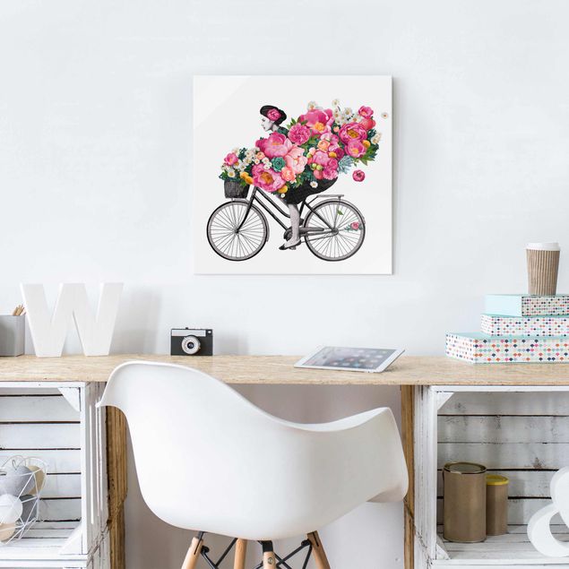 Glasbilder Blumen Illustration Frau auf Fahrrad Collage bunte Blumen