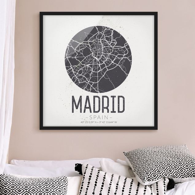 Gerahmte Bilder Schwarz-Weiß Stadtplan Madrid - Retro