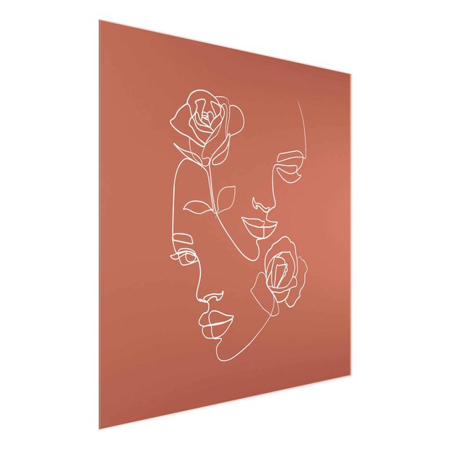 Glasbild - Line Art Gesichter Frauen Rosen Kupfer - Quadrat 1:1