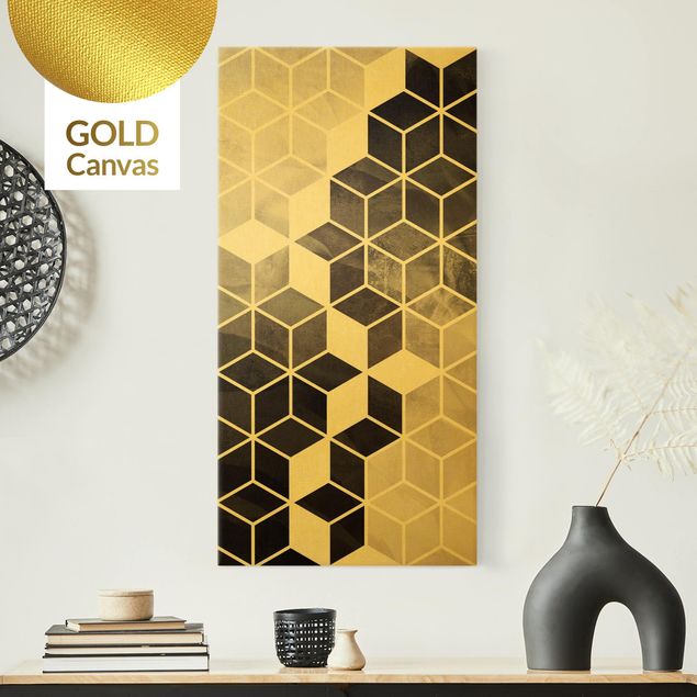 Leinwandbild Gold - Goldene Geometrie - Schwarz Weiß - Hochformat 1:2