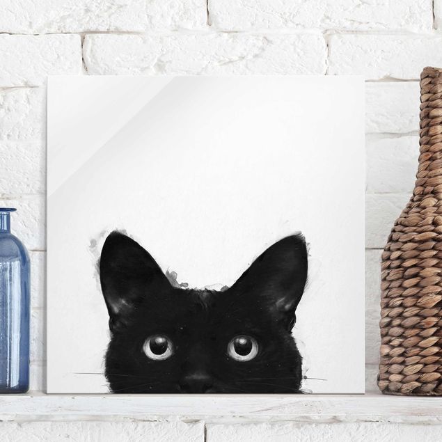 Glasbild - Illustration Schwarze Katze auf Weiß Malerei - Quadrat 1:1