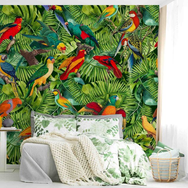 Tapete Vögel Bunte Collage - Papageien im Dschungel
