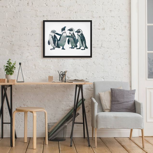 Gerahmte Kunstdrucke Illustration Pinguine Schwarz Weiß Aquarell