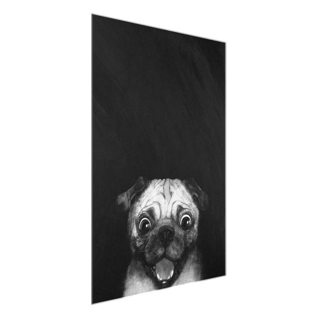Schwarz-Weiß Glasbilder Illustration Hund Mops Malerei auf Schwarz Weiß