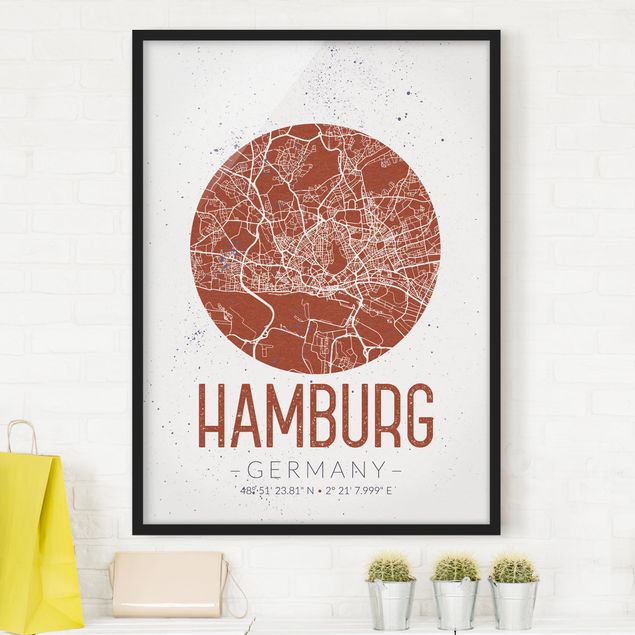 Schwarz-Weiß Bilder mit Rahmen Stadtplan Hamburg - Retro