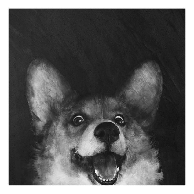 Glasbild - Illustration Hund Corgi Malerei Schwarz Weiß - Quadrat 1:1