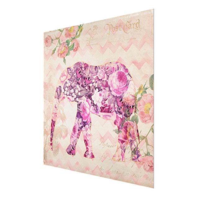 Bilder auf Glas Vintage Collage - Rosa Blüten Elefant