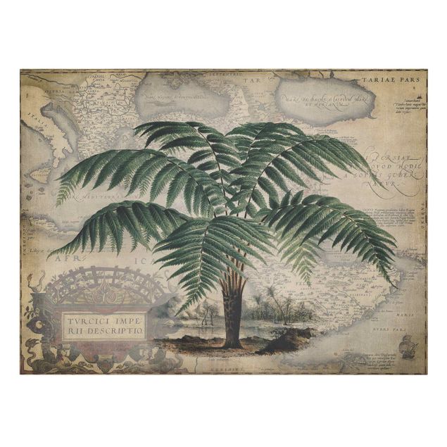 Schöne Wandbilder Vintage Collage - Palme und Weltkarte