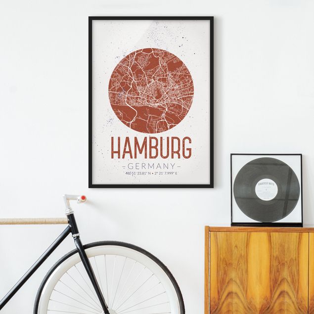 Sprüche Bilder mit Rahmen Stadtplan Hamburg - Retro