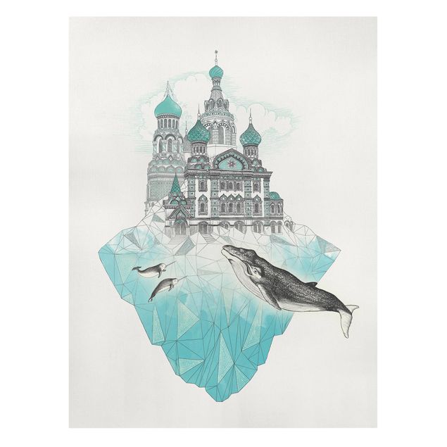 Leinwand Schwarz-Weiß Illustration Kirche mit Kuppeln und Wal