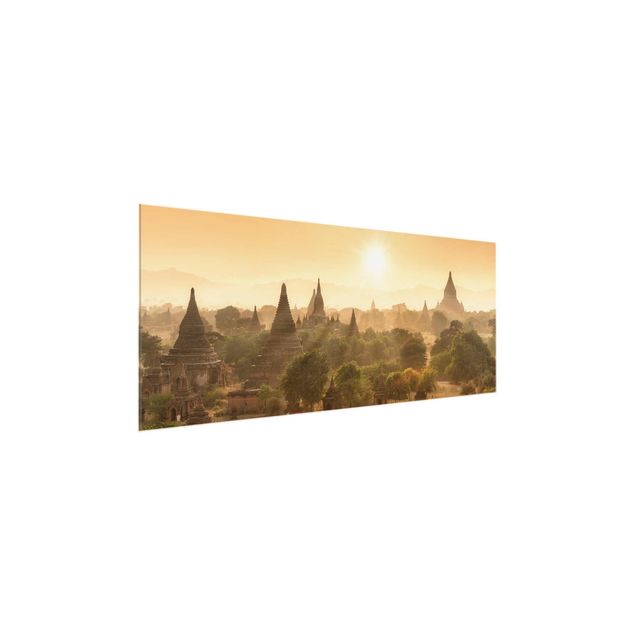 Glasbild - Sonnenuntergang über Bagan - Panorama