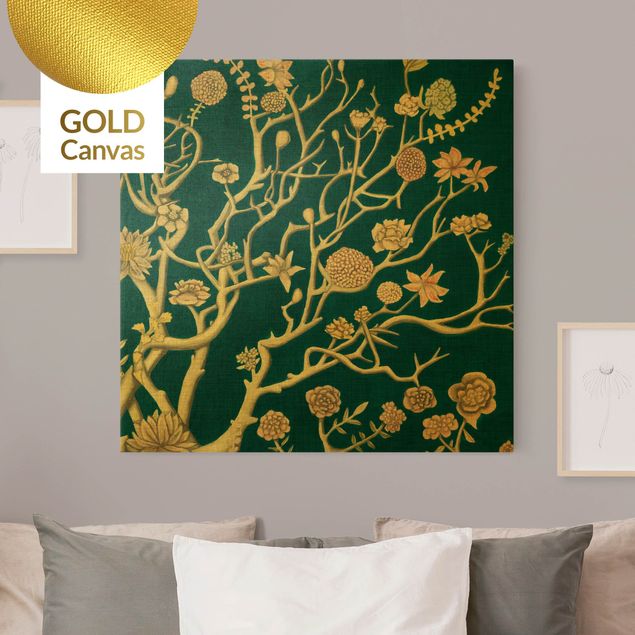 Leinwandbild Gold - Chinoiserie Blumen in der Nacht II - Quadrat 1:1