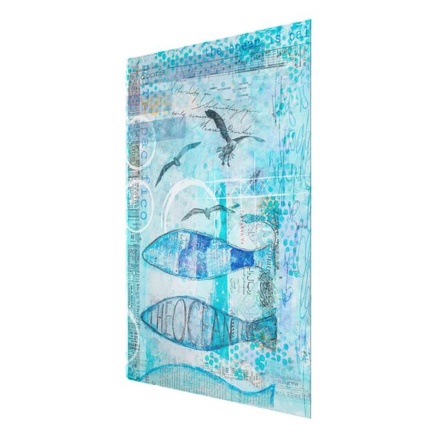 Glasbild - Bunte Collage - Blaue Fische - Hochformat 4:3