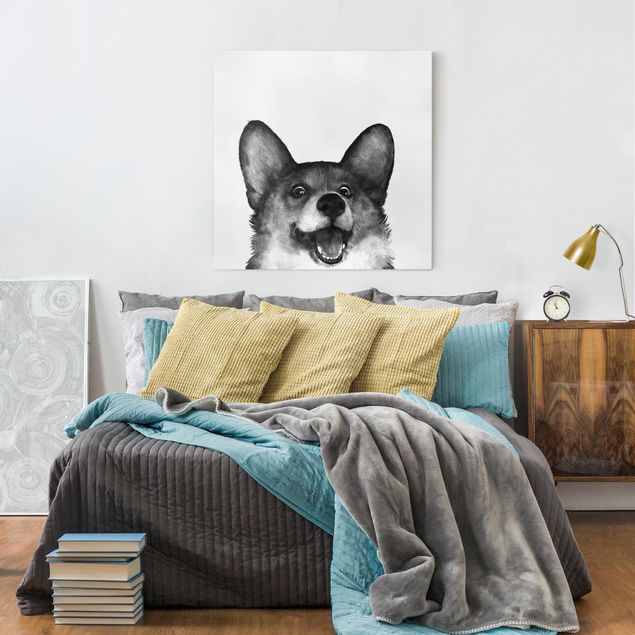 Leinwandbild - Illustration Hund Corgi Weiß Schwarz Malerei - Quadrat 1:1