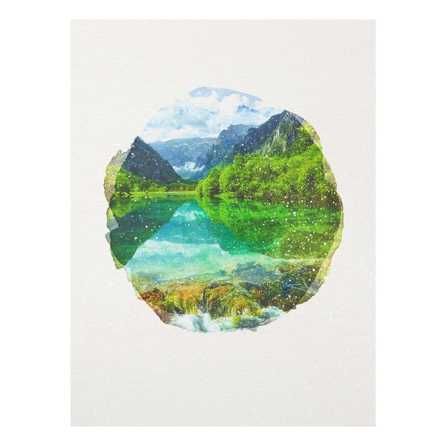 Glasbilder Landschaften Wasserfarben - Bergsee mit Spiegelung
