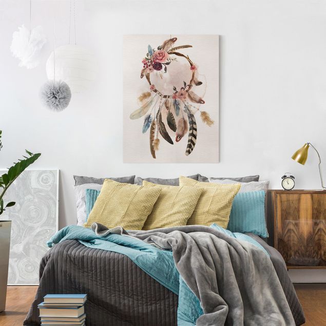Leinwandbilder Wohnzimmer modern Traumfänger mit Rosen und Federn